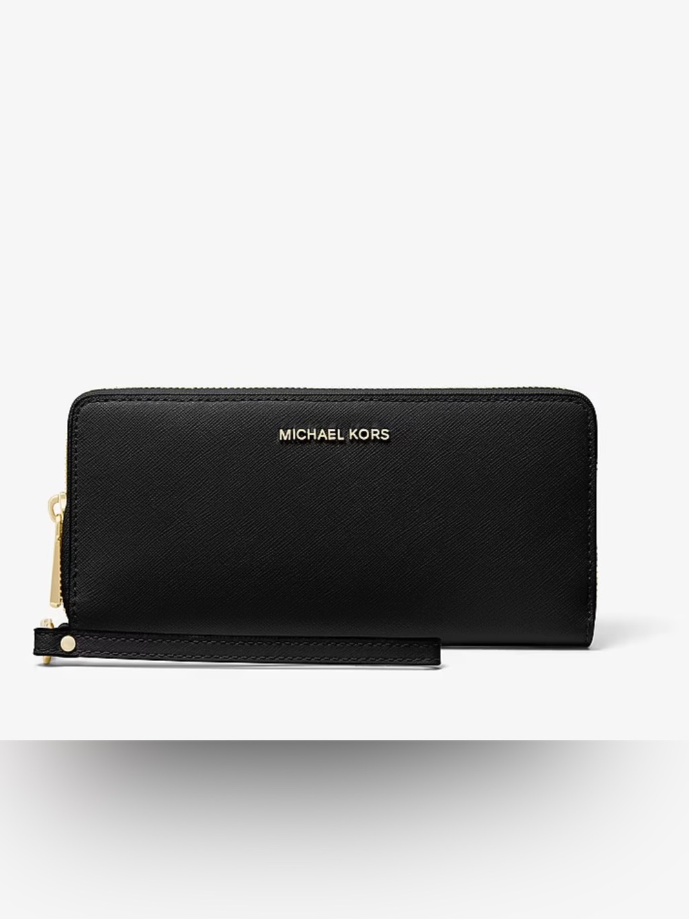 Michael Kors Black Saffiano Leather Zip Wristlet with Gold Logo